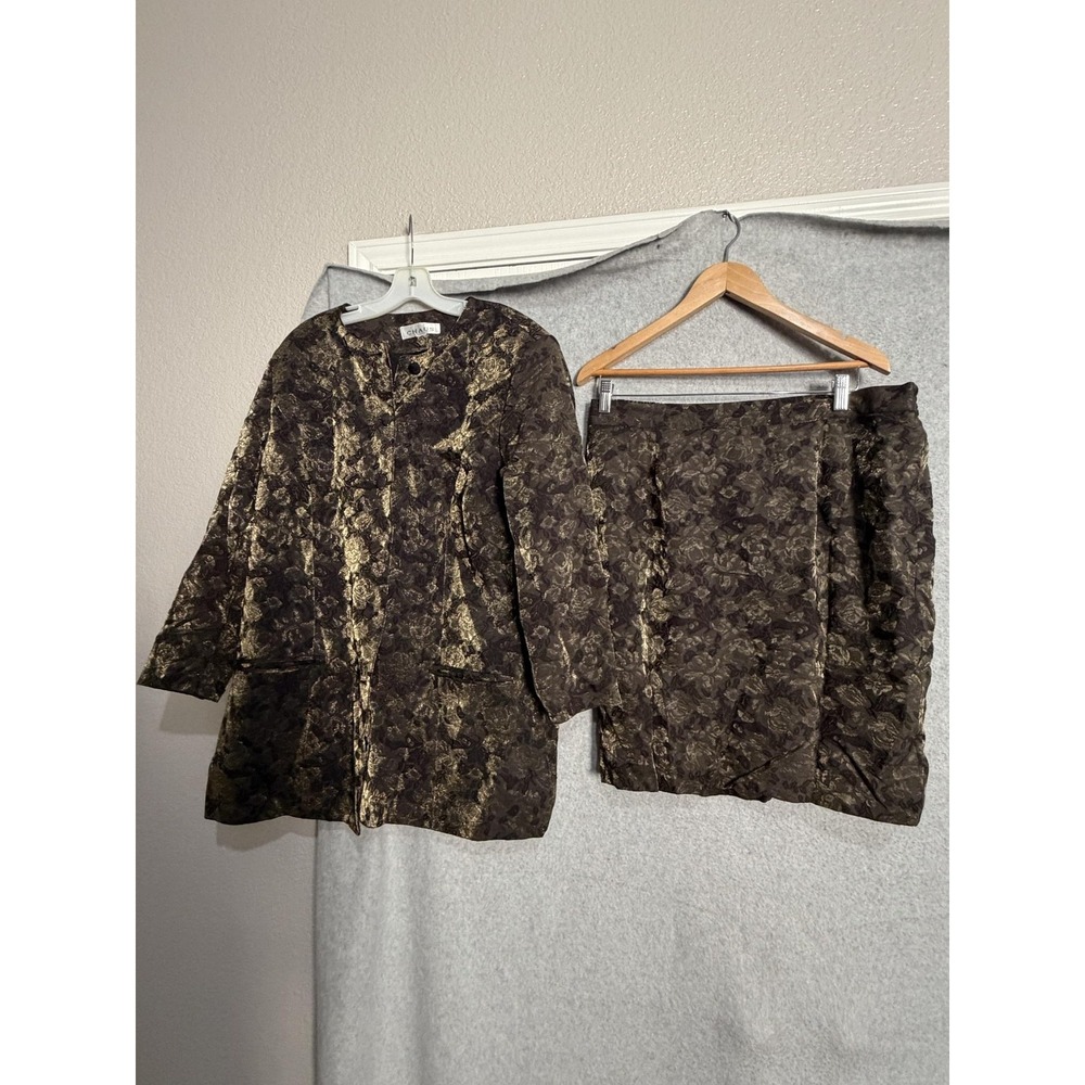 Vintage Chaus Skirt Suit Womens 16 Gold Floral Jacquard 2 Pc Jacket Skirt Formal